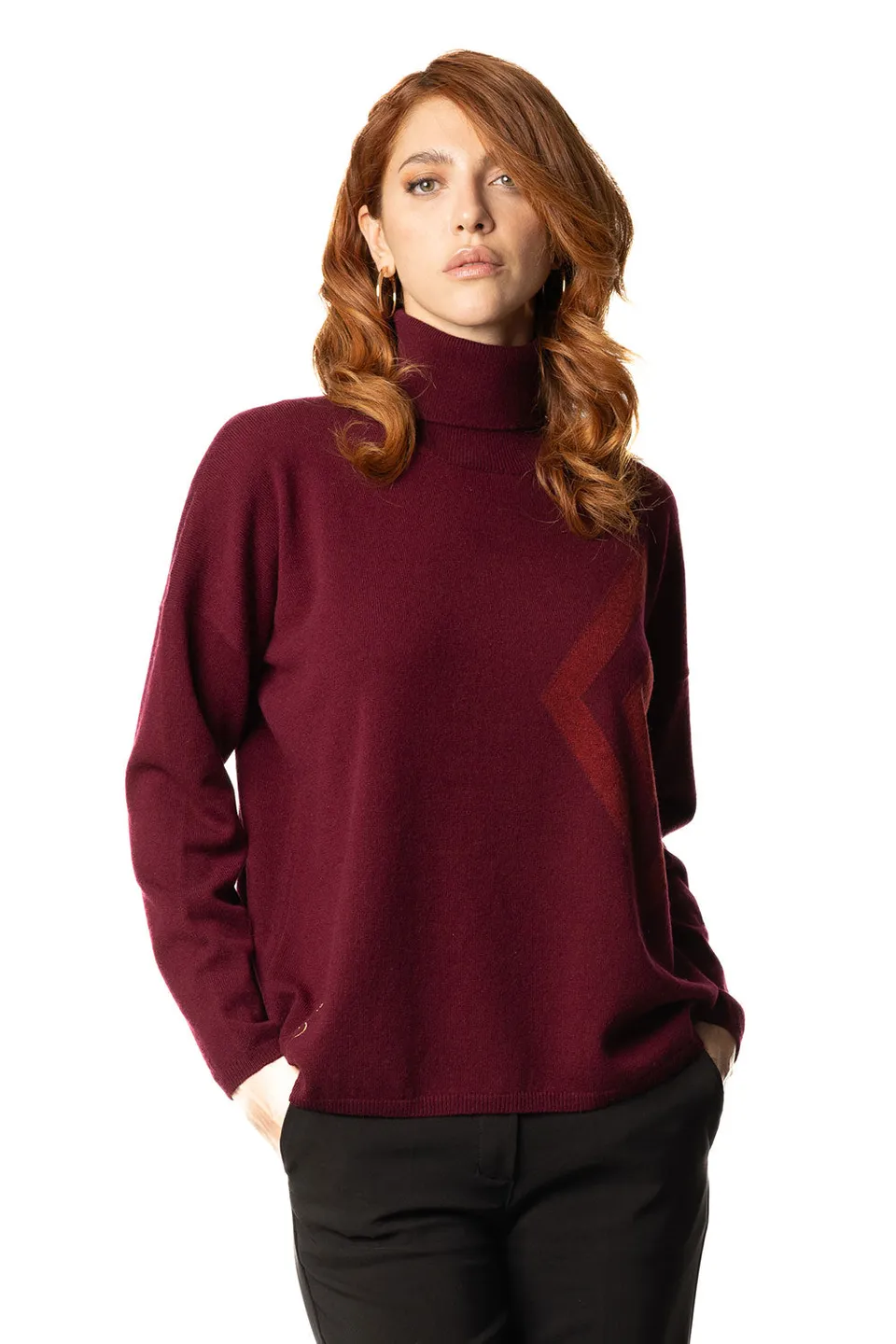 Vittoria Paci dolcevita bordeaux donna in cashmere intarsio