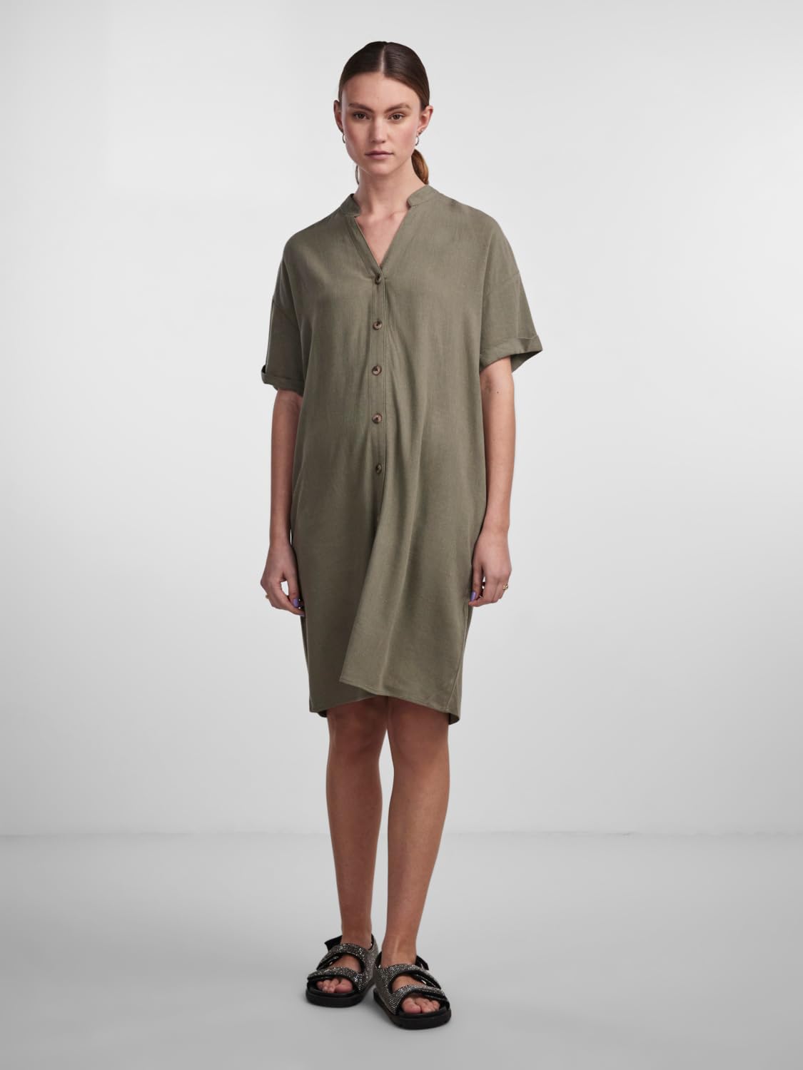 Pieces Pcvinsty SS Linen Shirt Dress vestito Deep Lichen Green