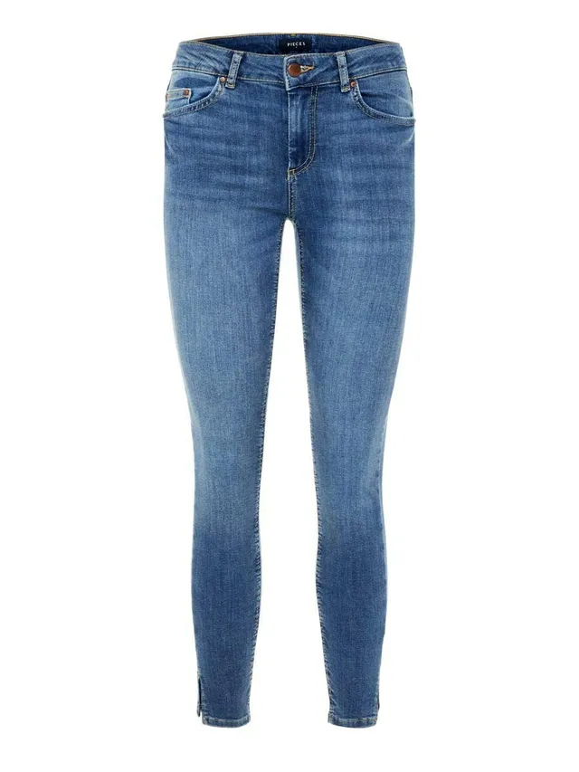 Pieces Pcdelly MW Crop Slit SK Mb207-ba Jeans Donna
