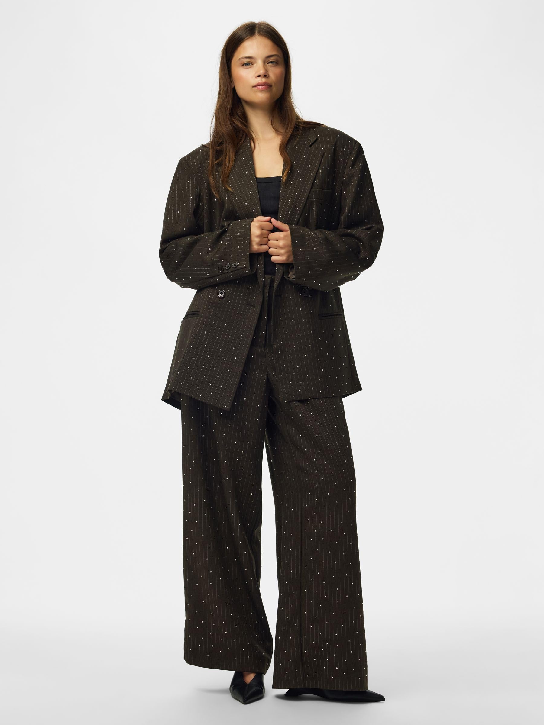 Pieces Pcfalka Pinstripe pantaloni donna gessati strass