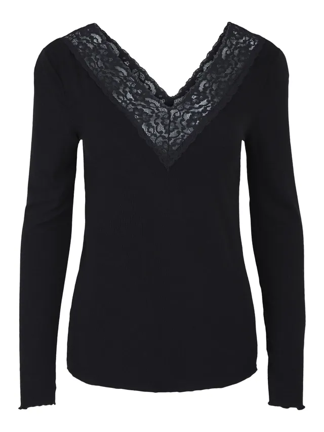 Pieces Lace Trim top scollo V pizzo maniche lunghe
