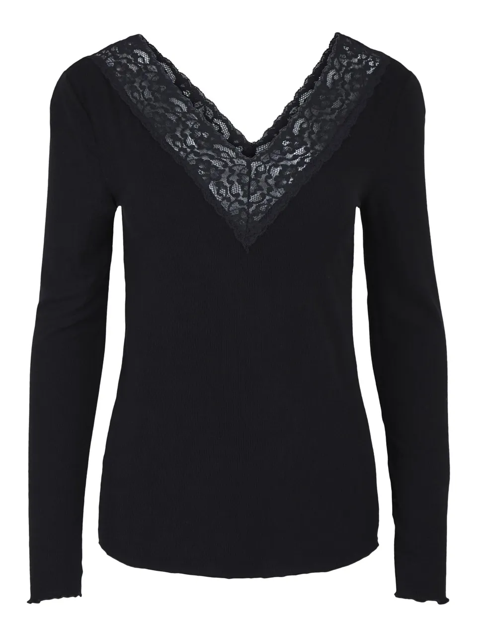 Pieces Lace Trim top scollo V pizzo maniche lunghe