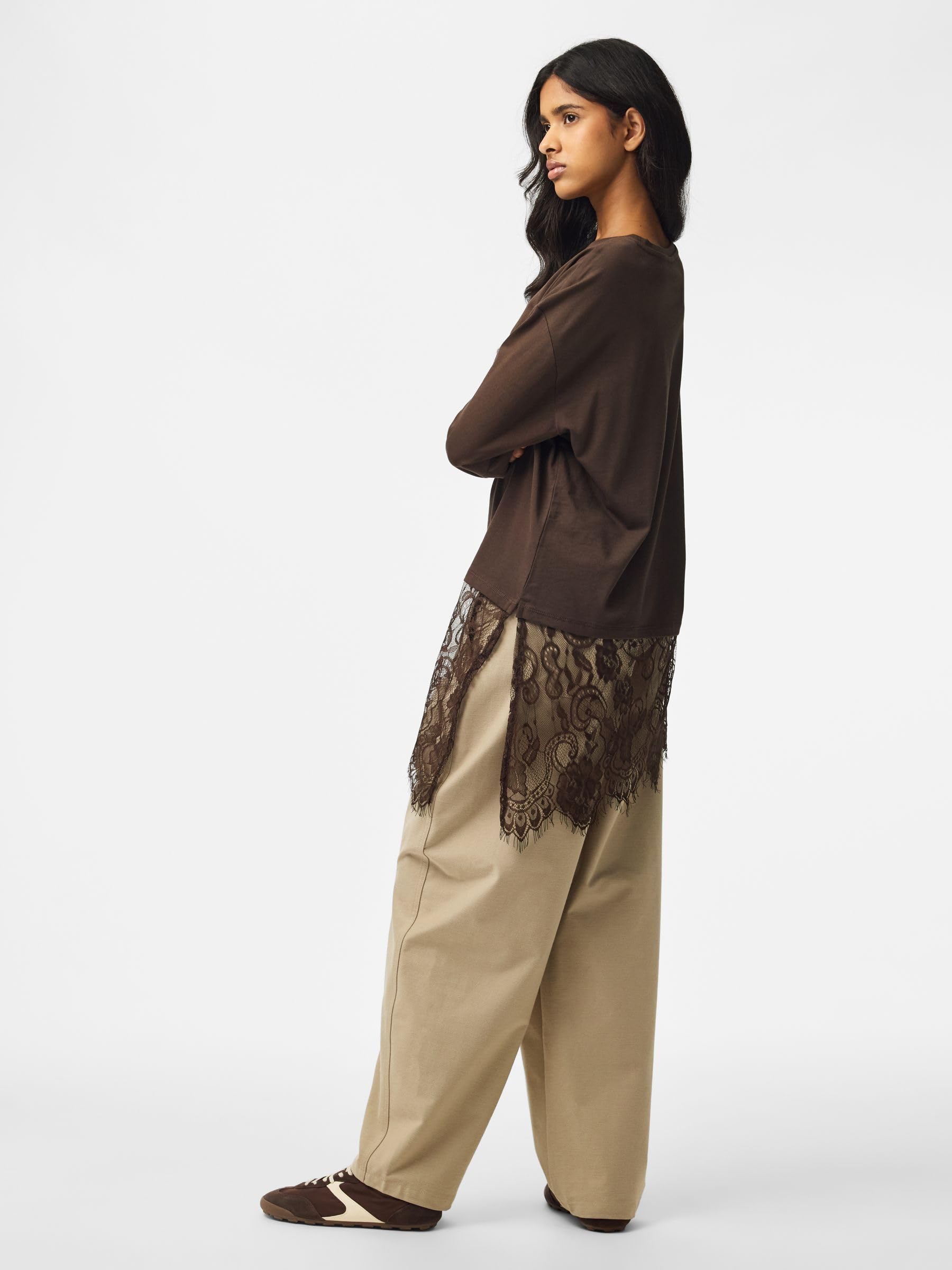 Pieces Pcmave LS Lace top donna maniche lunghe pizzo