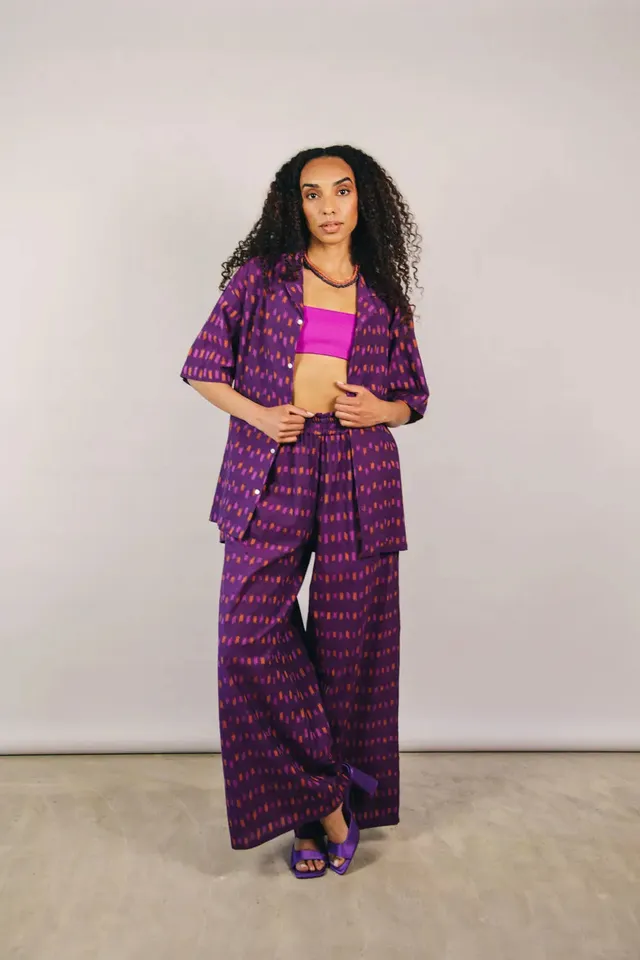 el.residu Madhu Ikat #4 pantaloni viola L/XL cotone