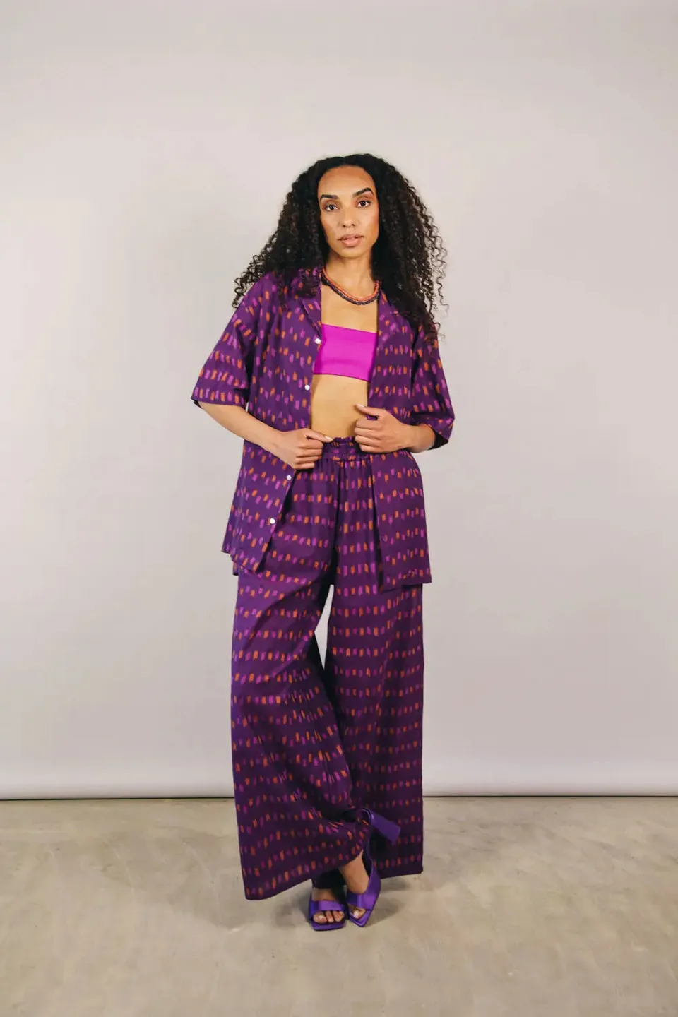 el.residu Madhu Ikat #4 pantaloni viola L/XL cotone