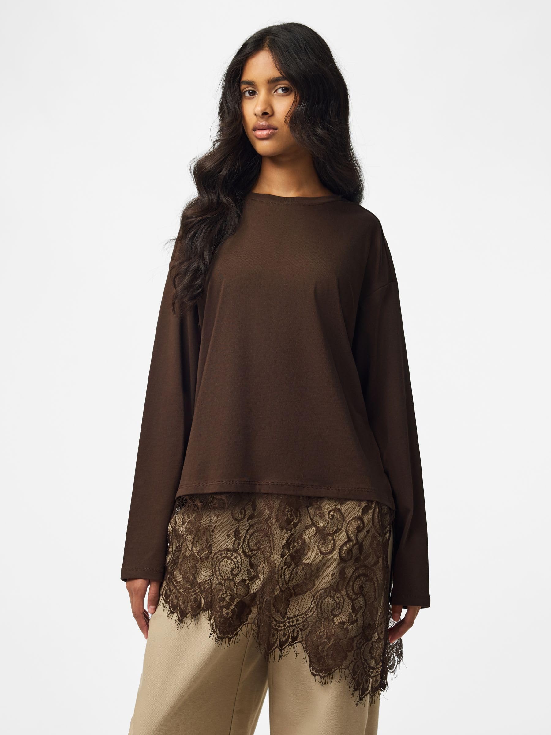Pieces Pcmave LS Lace top donna maniche lunghe pizzo