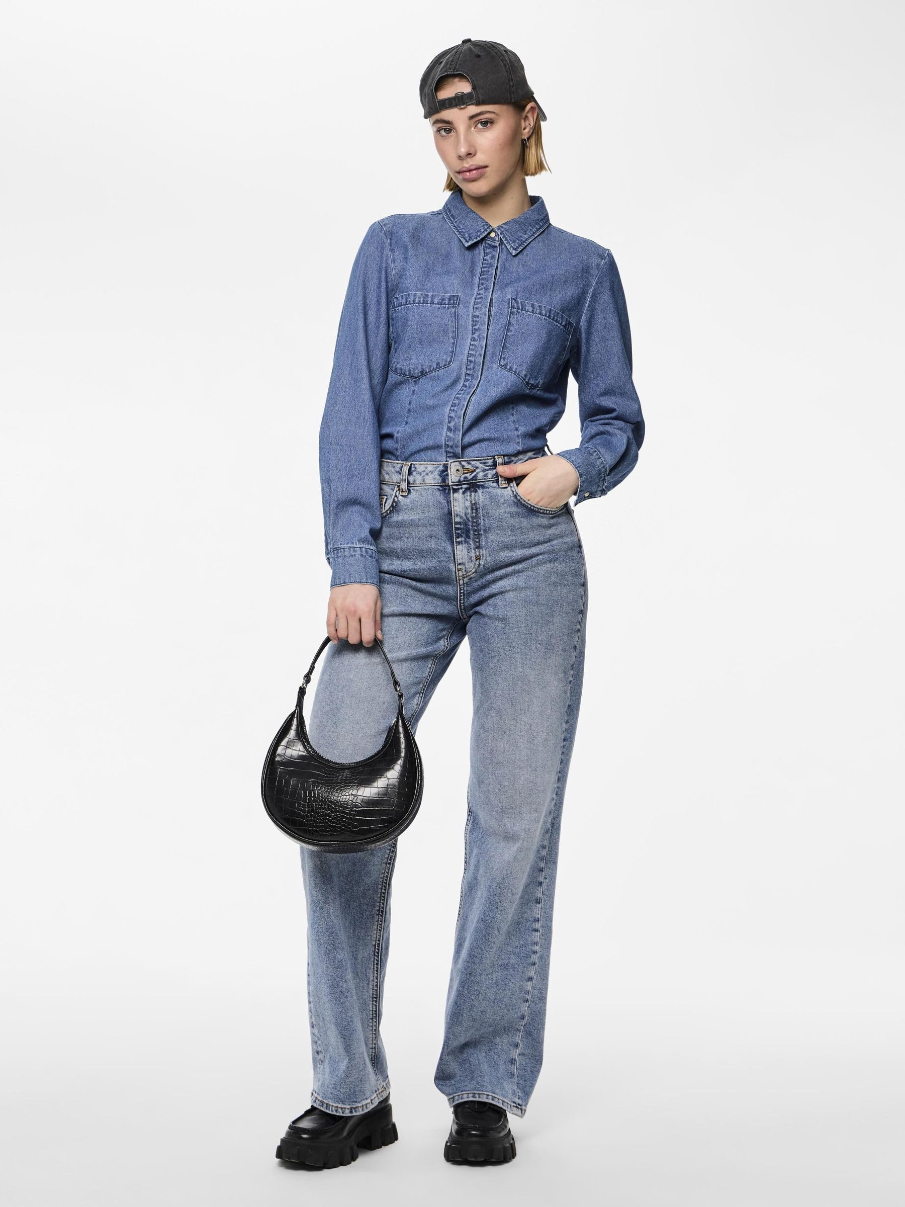 Pieces Pcholly HW jeans larghi donna blu denim 26W/32L