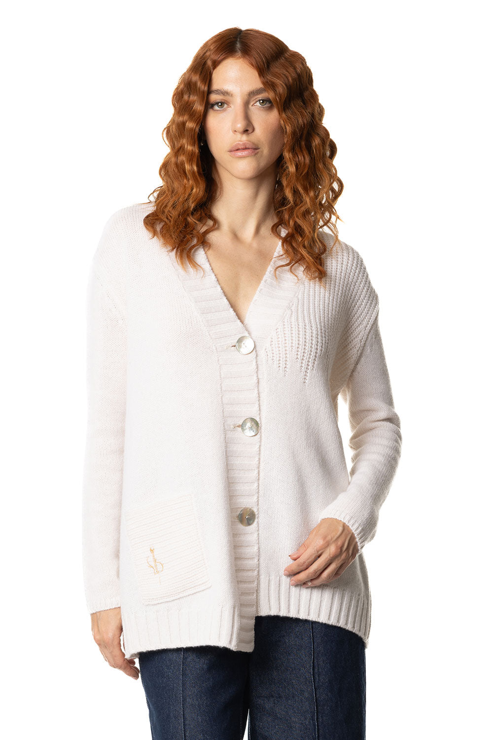 Vittoria Paci Cardigan Asimmetrico Bianco Cashmere Donna