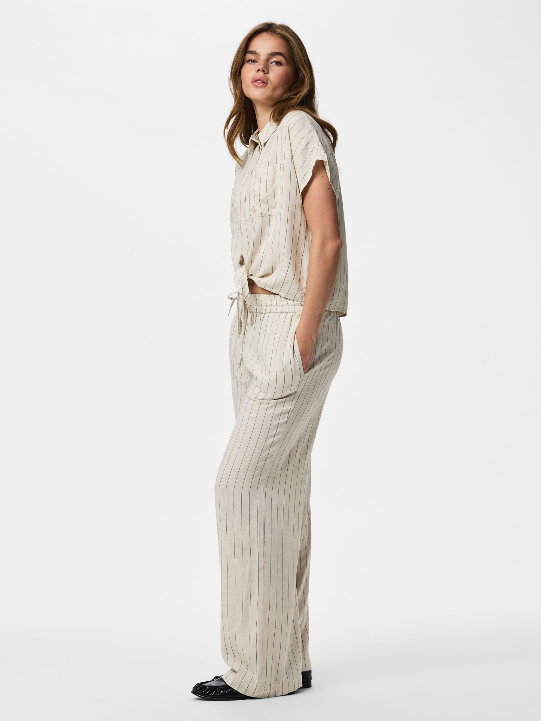 Pieces Pcpia Wide-Leg pantaloni donna larghi birch misto lino