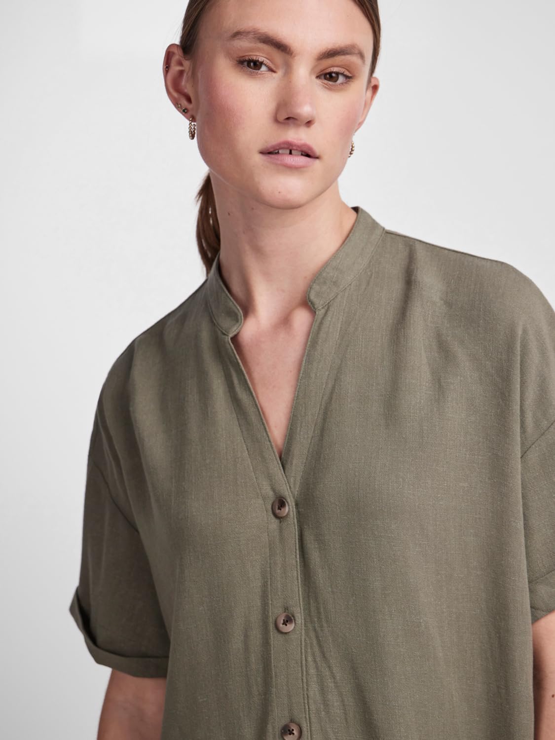 Pieces Pcvinsty SS Linen Shirt Dress vestito Deep Lichen Green