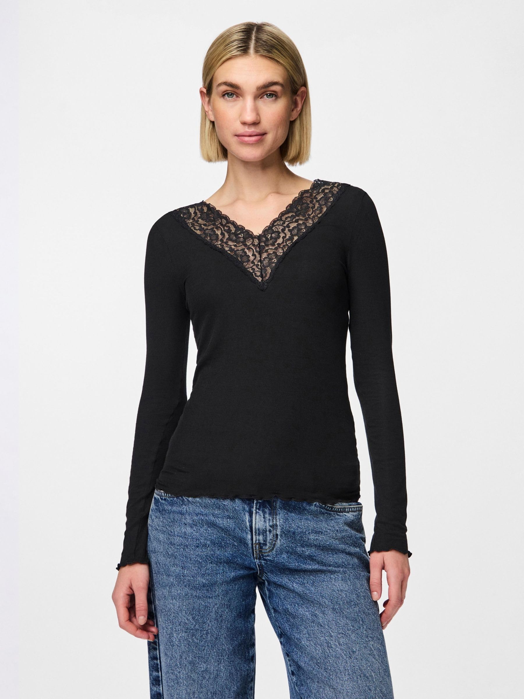 Pieces Lace Trim top scollo V pizzo maniche lunghe