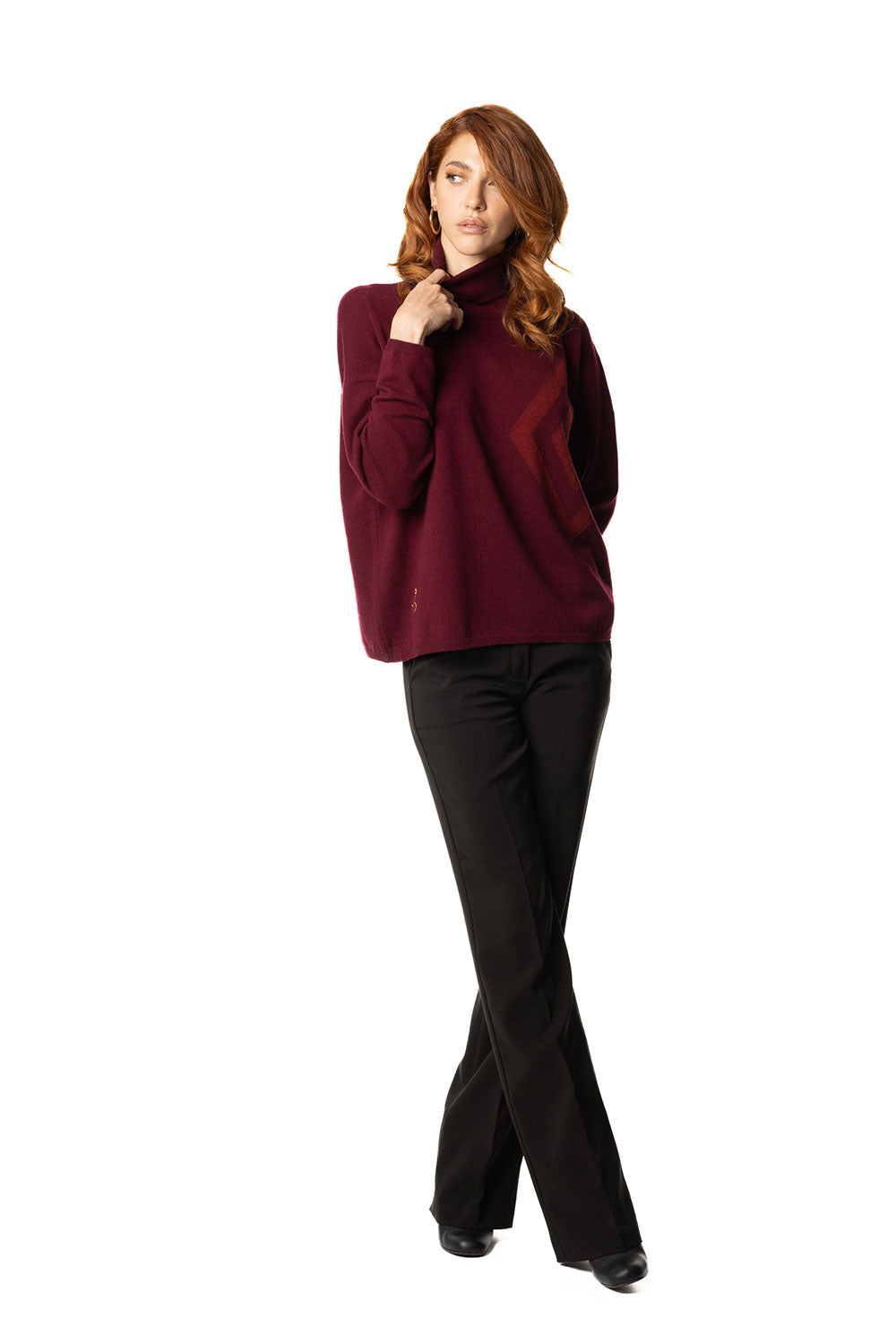 Vittoria Paci dolcevita bordeaux donna in cashmere intarsio