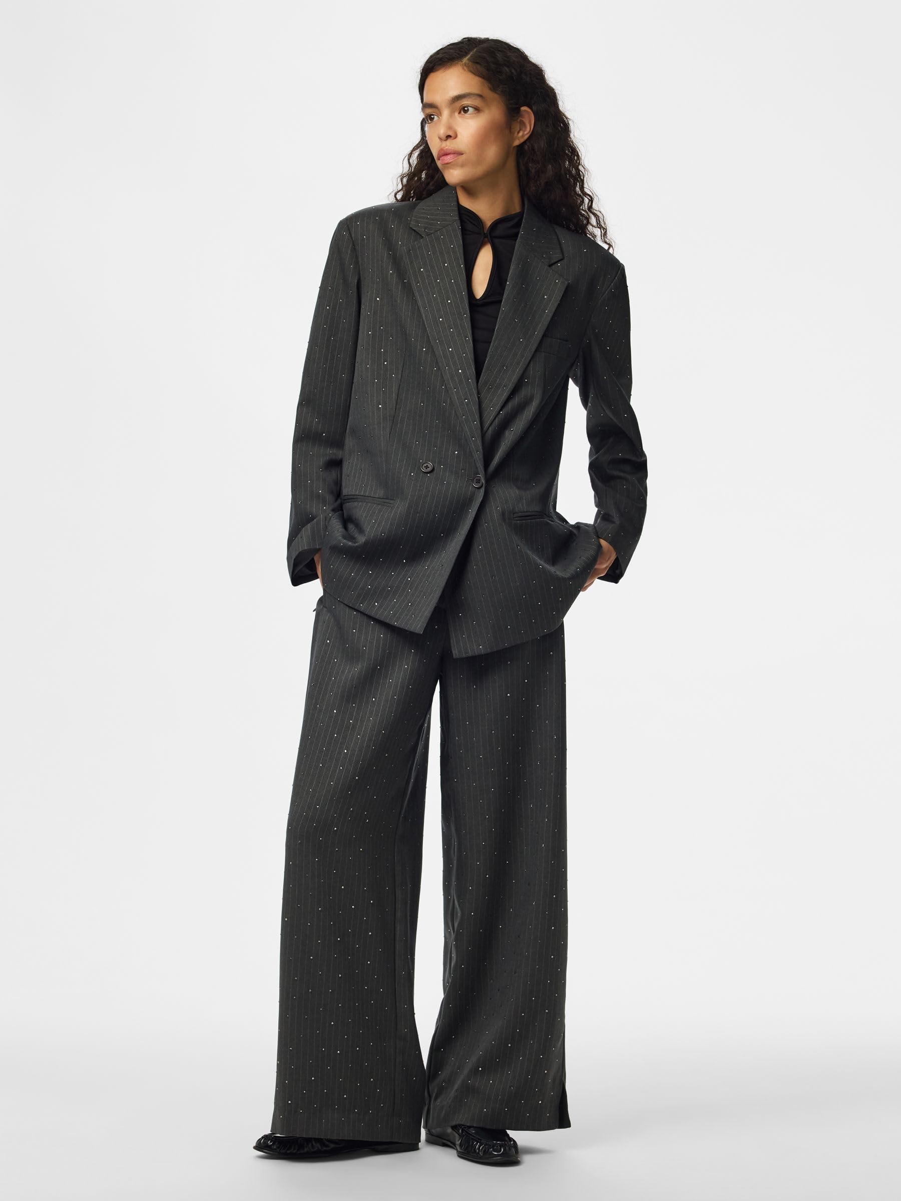 Pieces Pcfalka Pinstriped Blazer W. Rhinestones XS asfalto