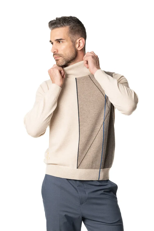 Vittoria Paci dolcevita beige uomo in cashmere geometrico