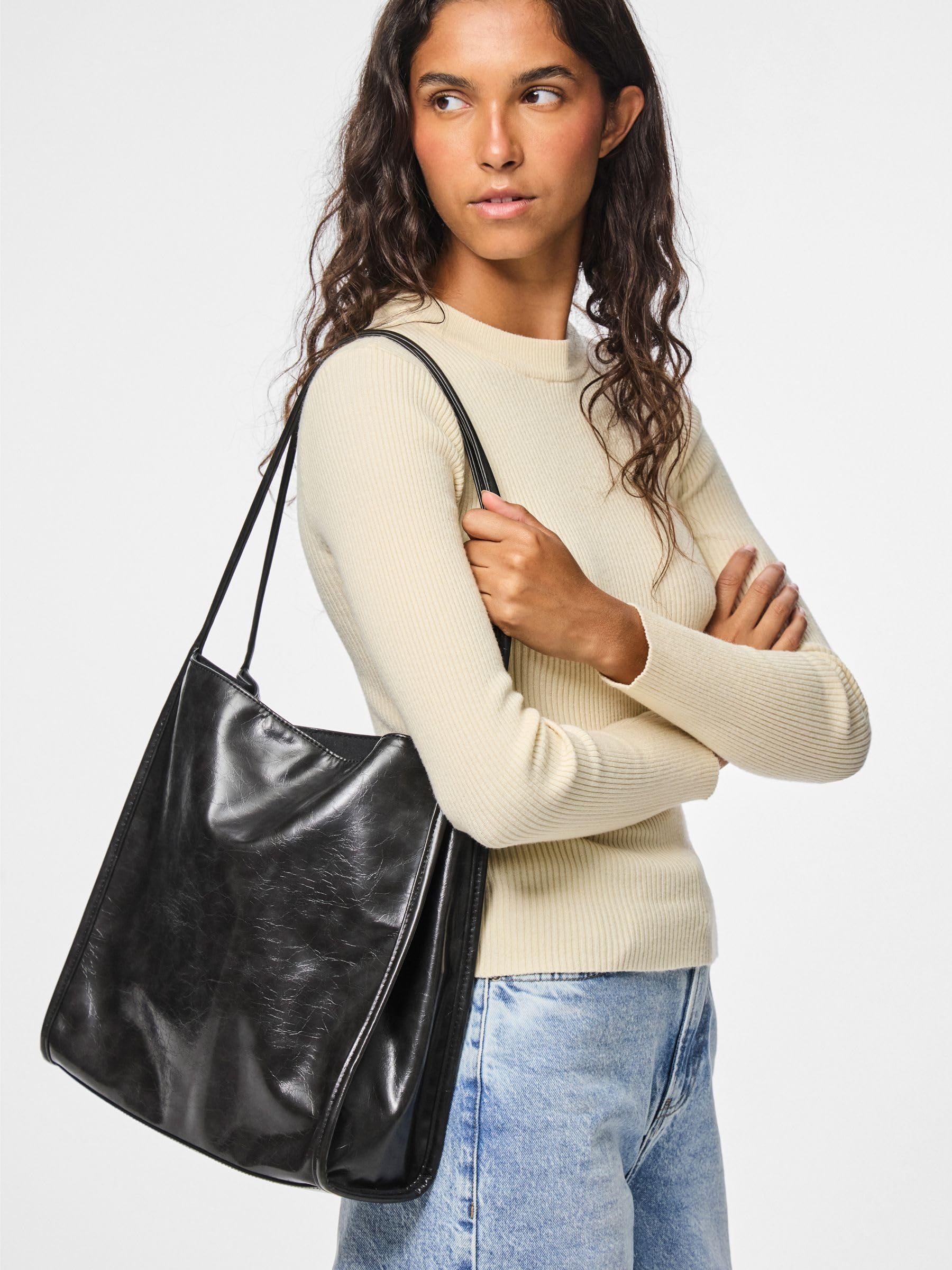 Pieces Pcmalou Patent Shopping Bag borsa spesa nero verniciata