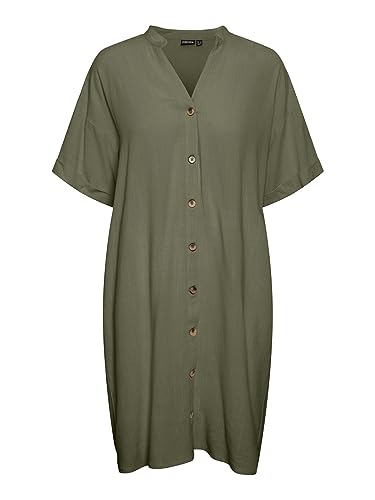 Pieces Pcvinsty SS Linen Shirt Dress vestito Deep Lichen Green