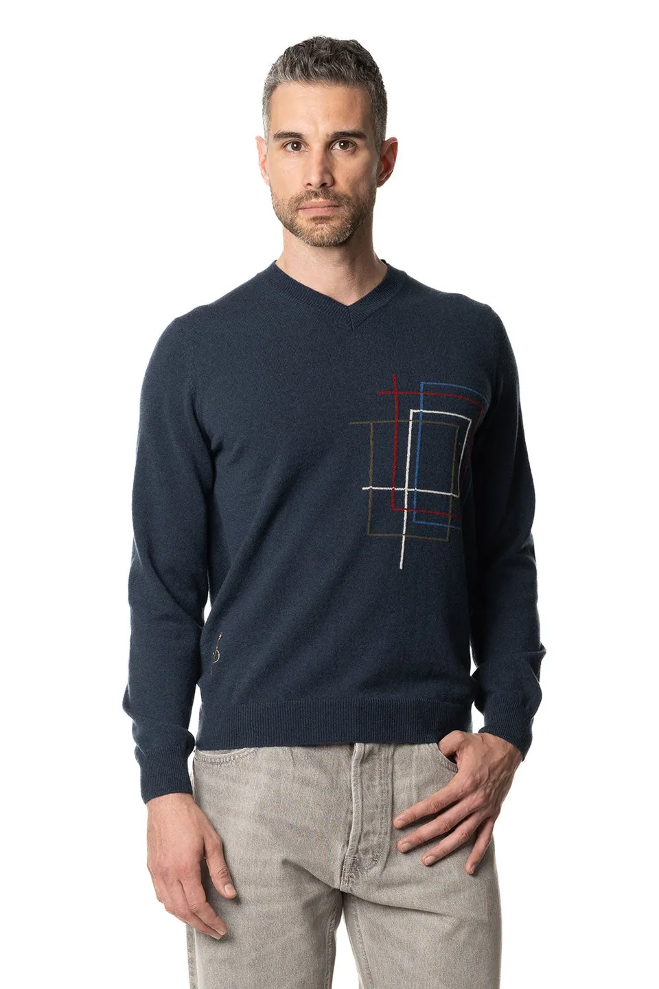 Vittoria Paci scollo a V blu uomo in cashmere geometrico