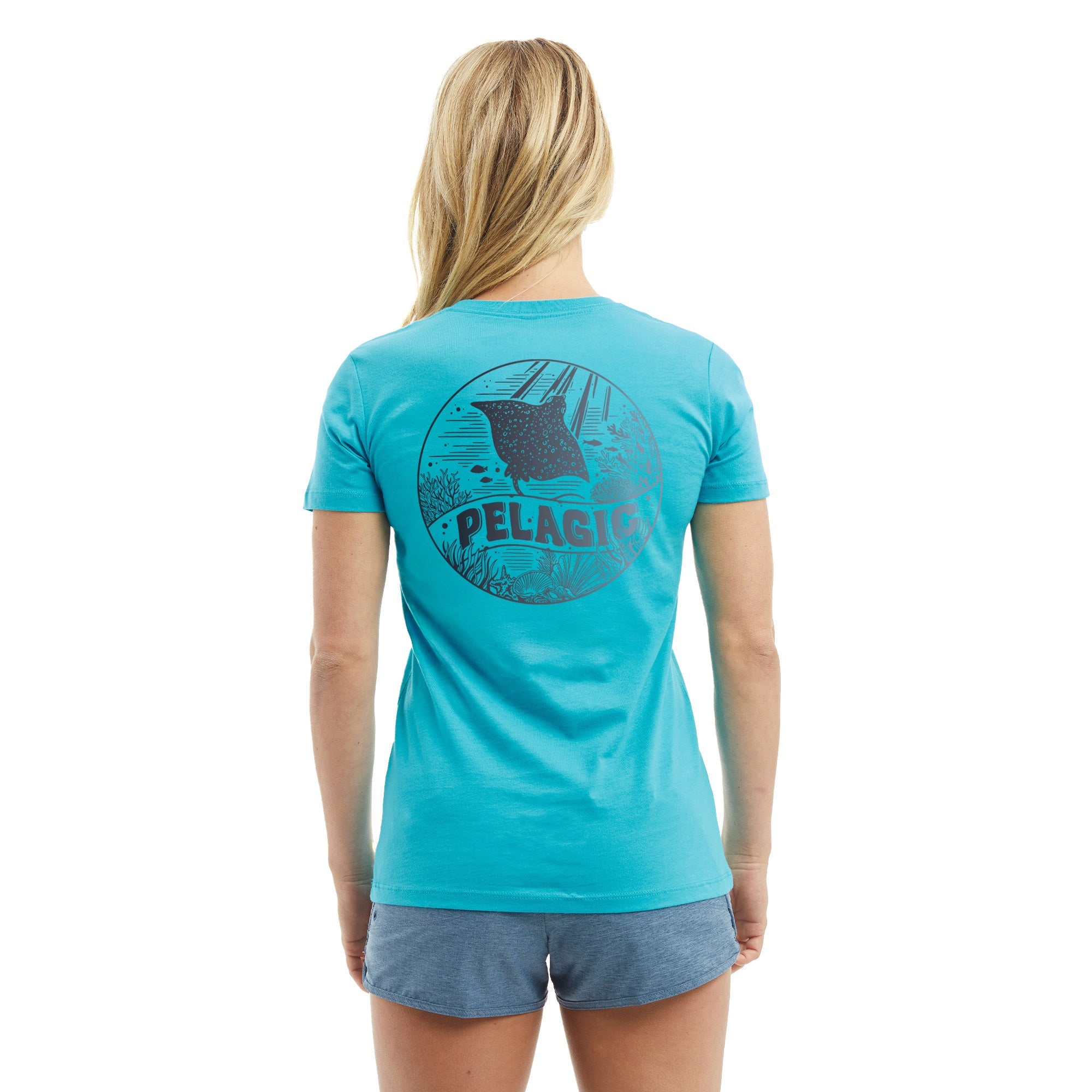 Pelagic Raya t-shirt donna cotone blu Tahiti stampa schiena