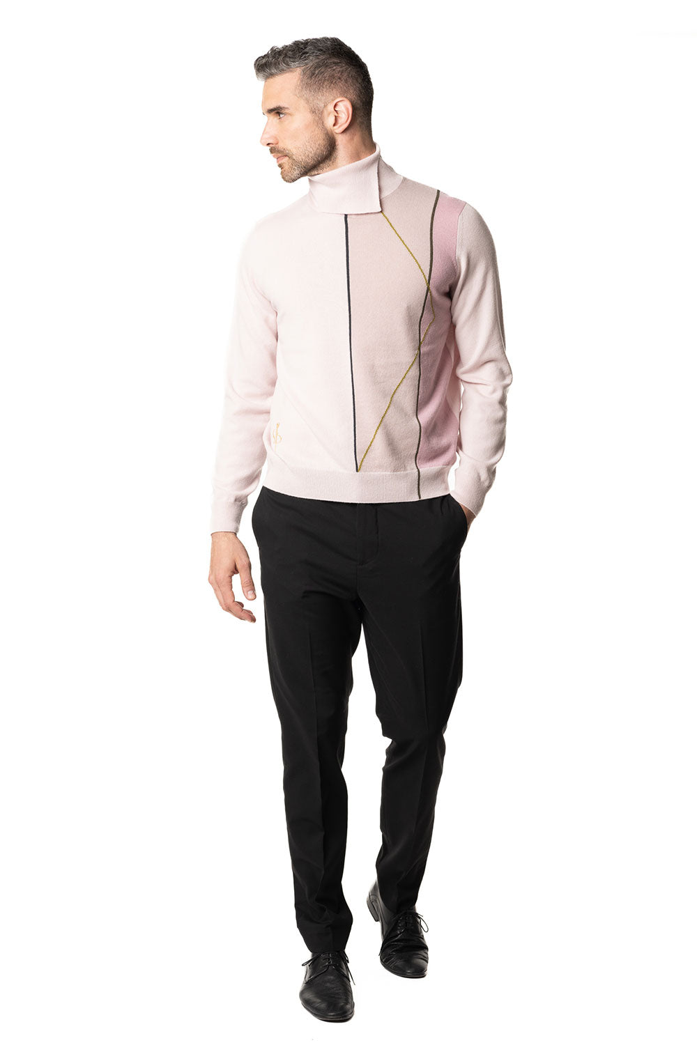 Vittoria Paci dolcevita cashmere uomo rosa cipria intarsio