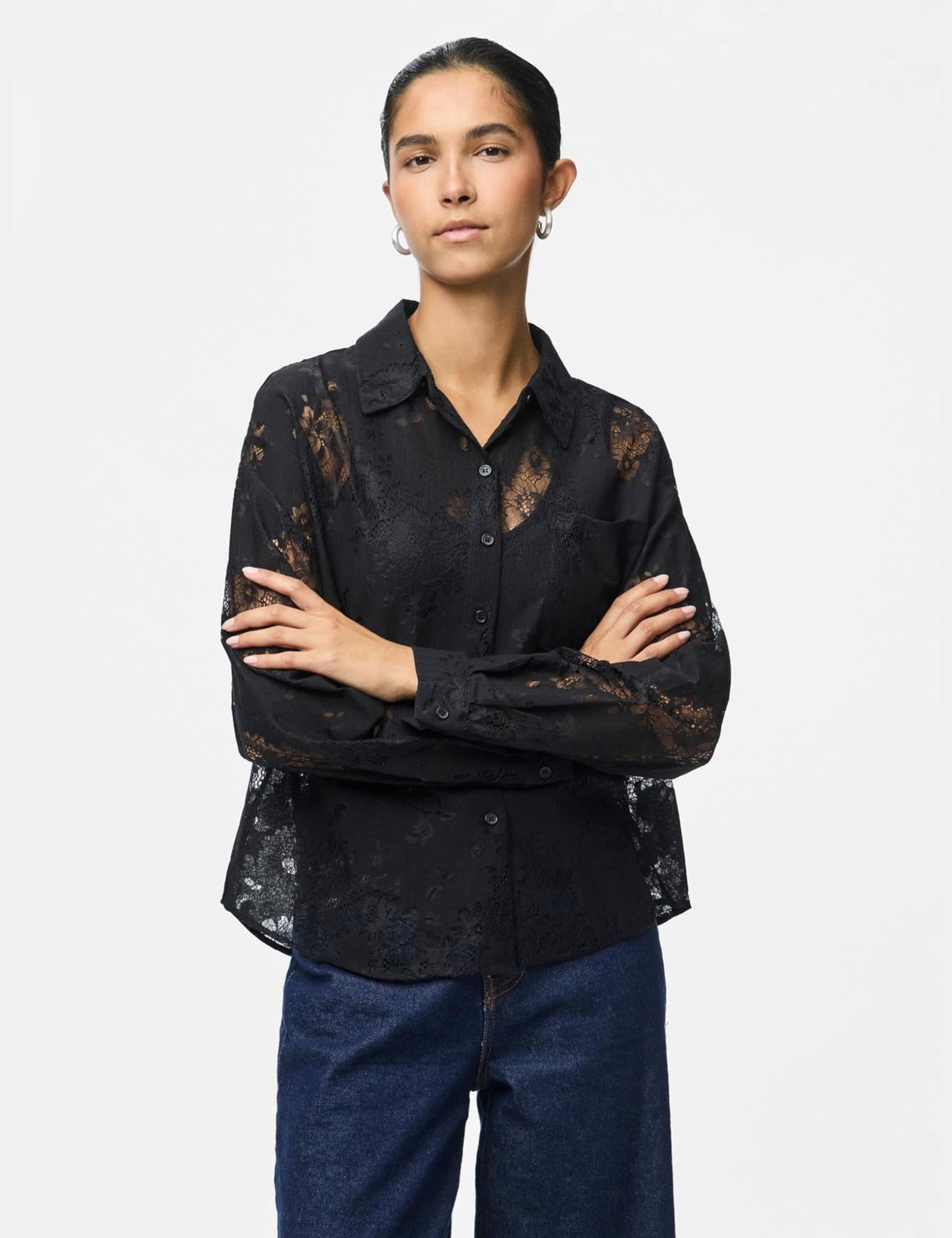 Pieces Pcnorinne camicia donna nera manica lunga