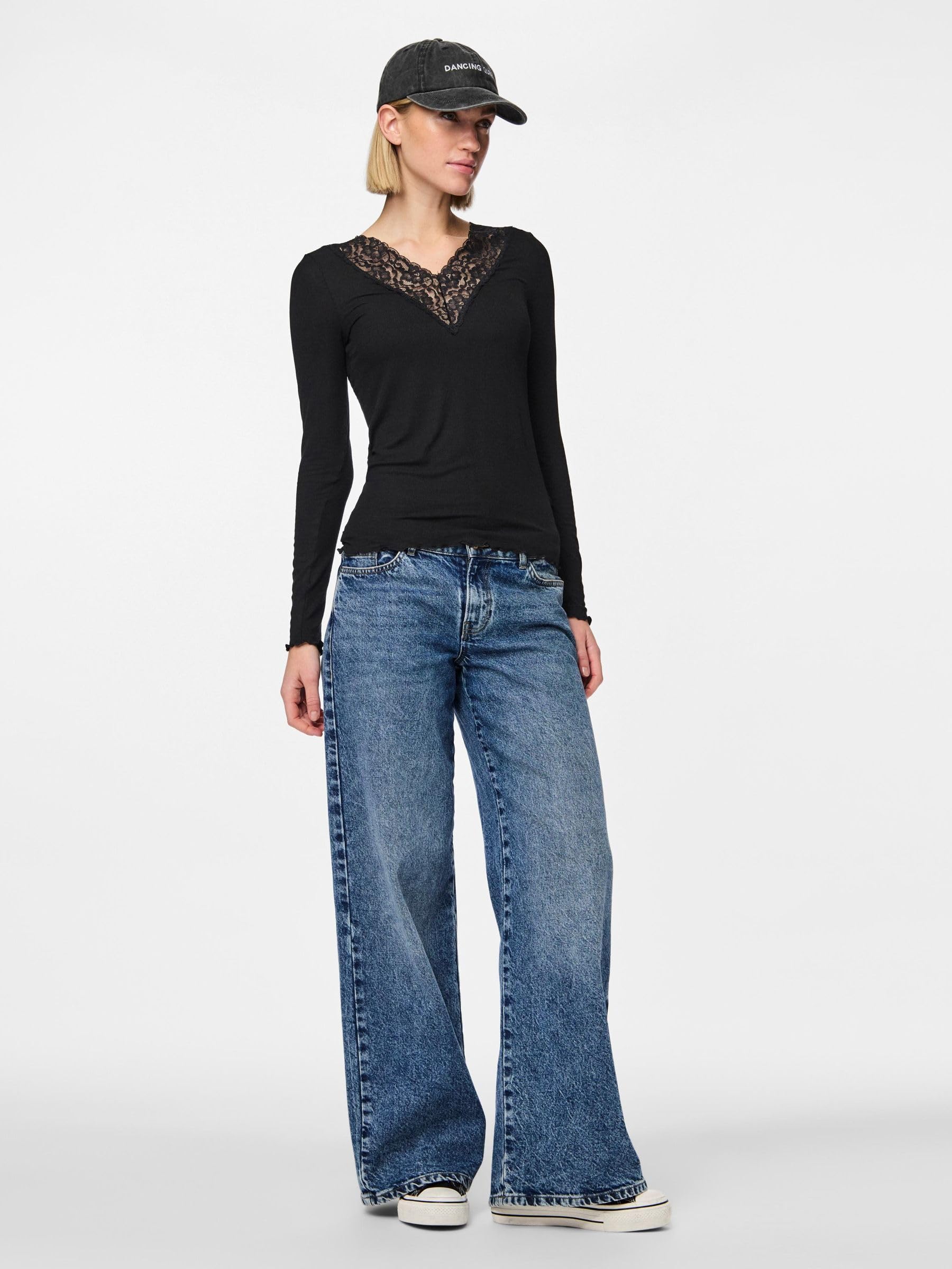 Pieces Lace Trim top scollo V pizzo maniche lunghe