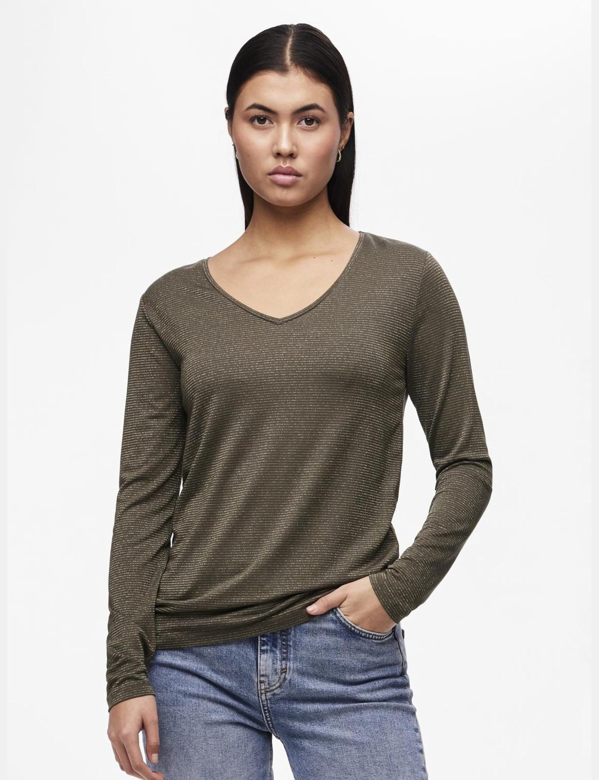 Pieces Pcbillo LS V-Neck Lurex Stripes Jrs Noos maglia donna