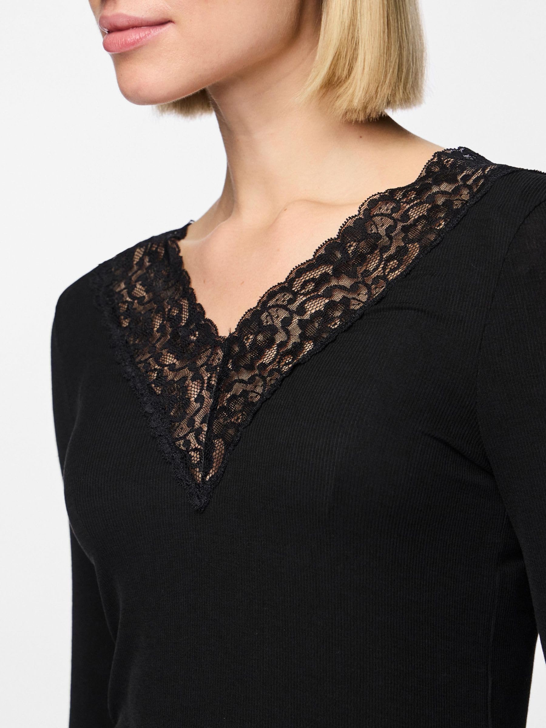Pieces Lace Trim top scollo V pizzo maniche lunghe