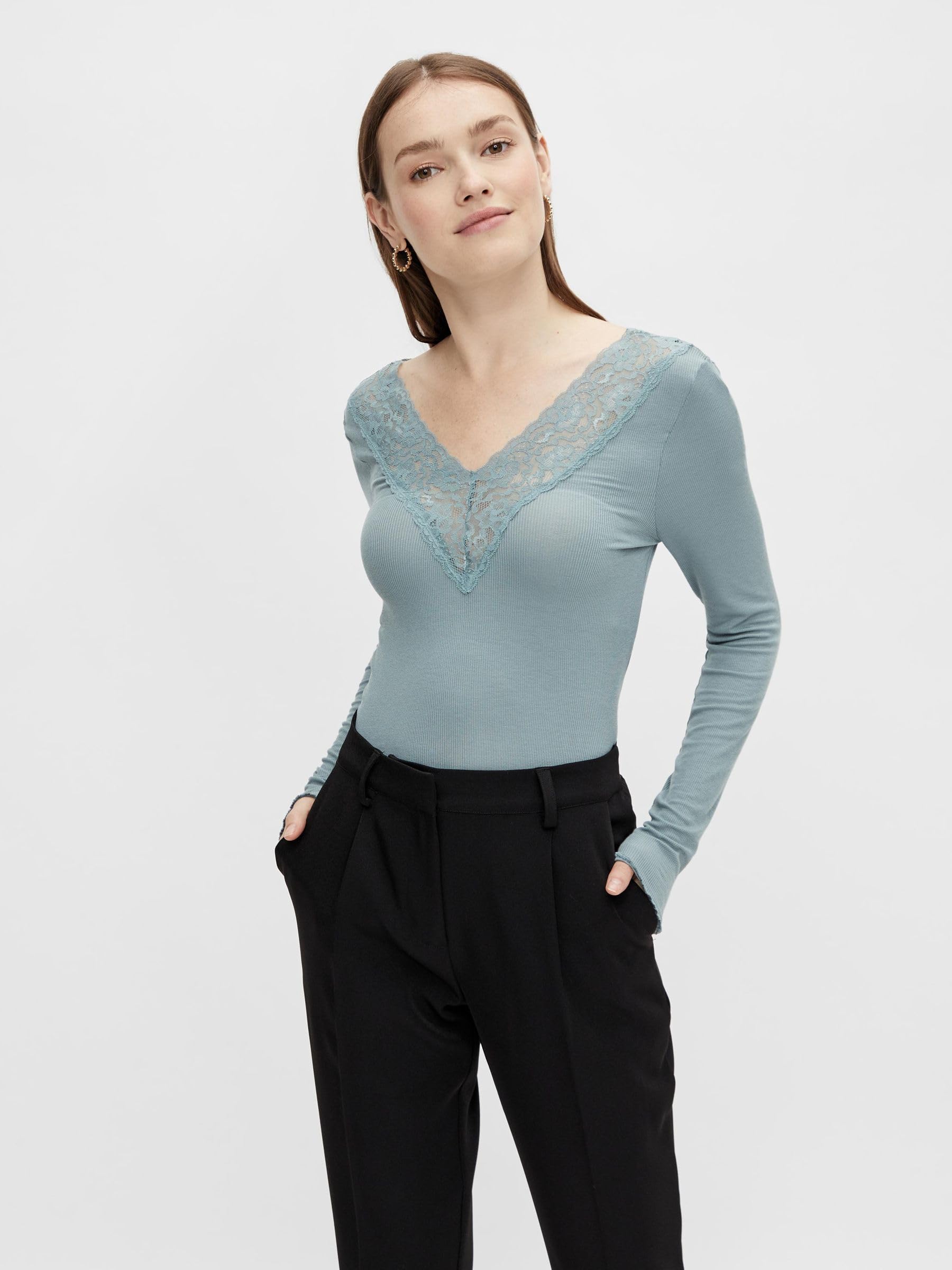 Pieces Lace Trim top scollo V pizzo maniche lunghe