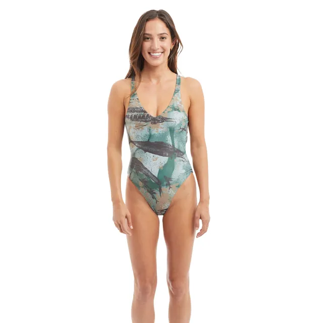 Pelagic Naples Reversible costume intero verde gyotaku schiena incrociata