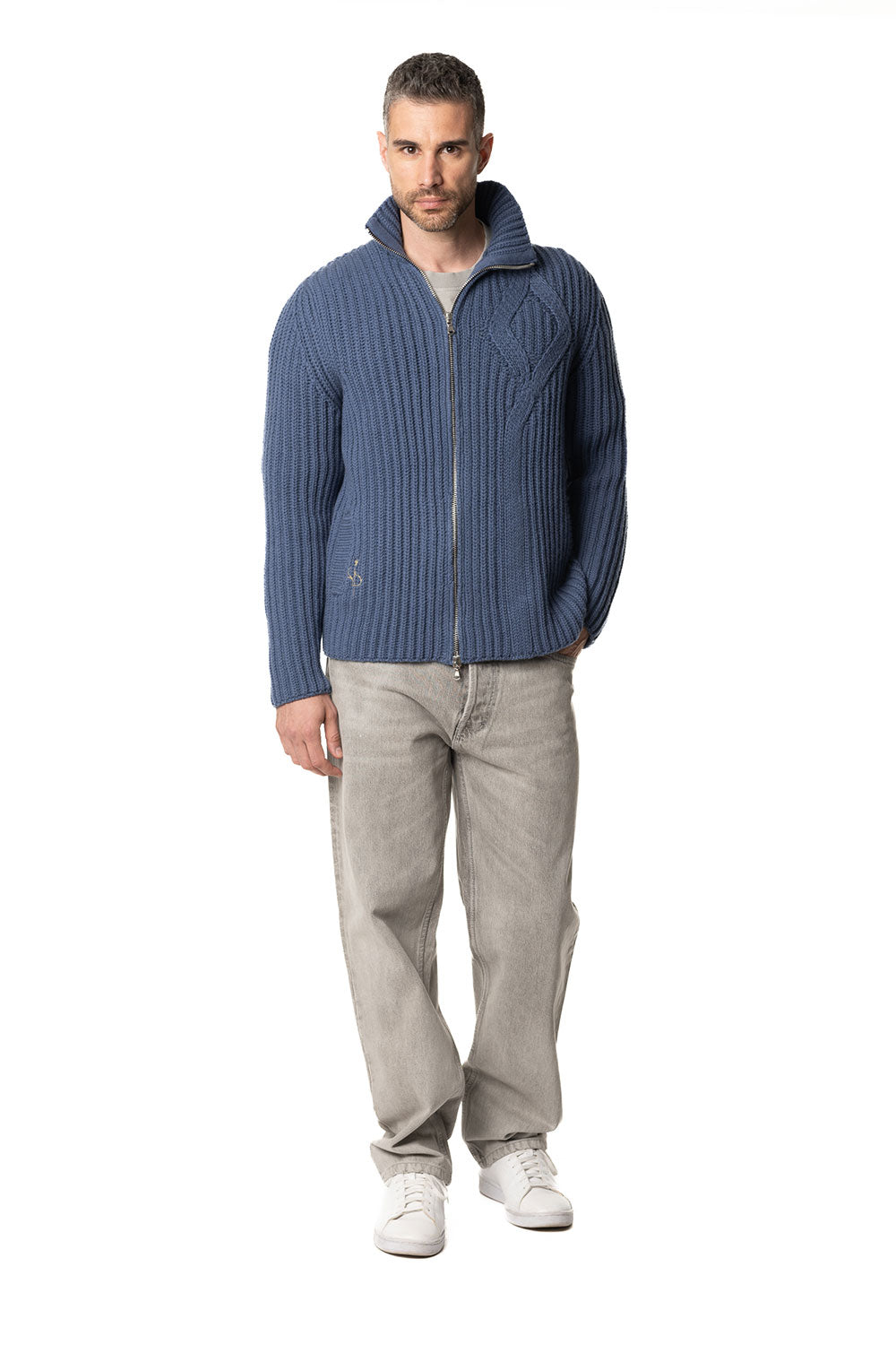 Vittoria Paci Blouson Zip Maglia Blu Cashmere Uomo