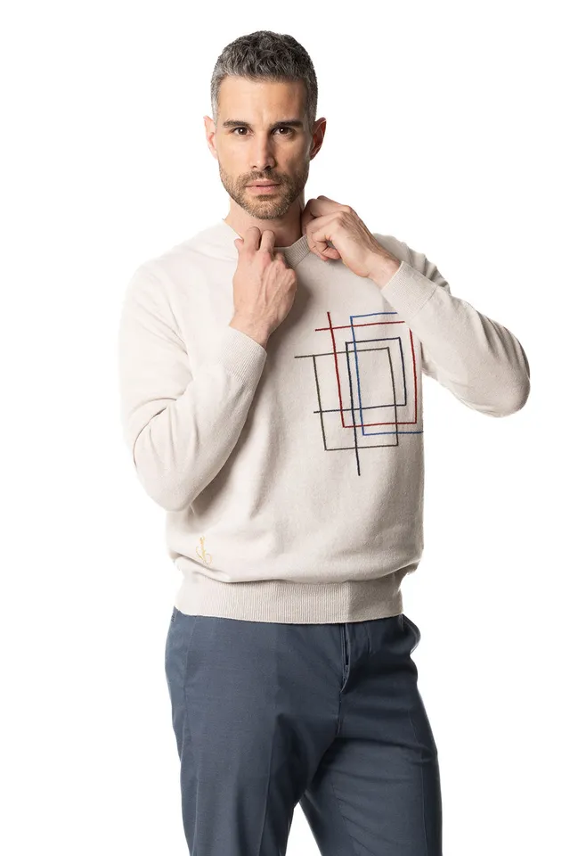 Vittoria Paci scollo a V cashmere uomo panna intarsio