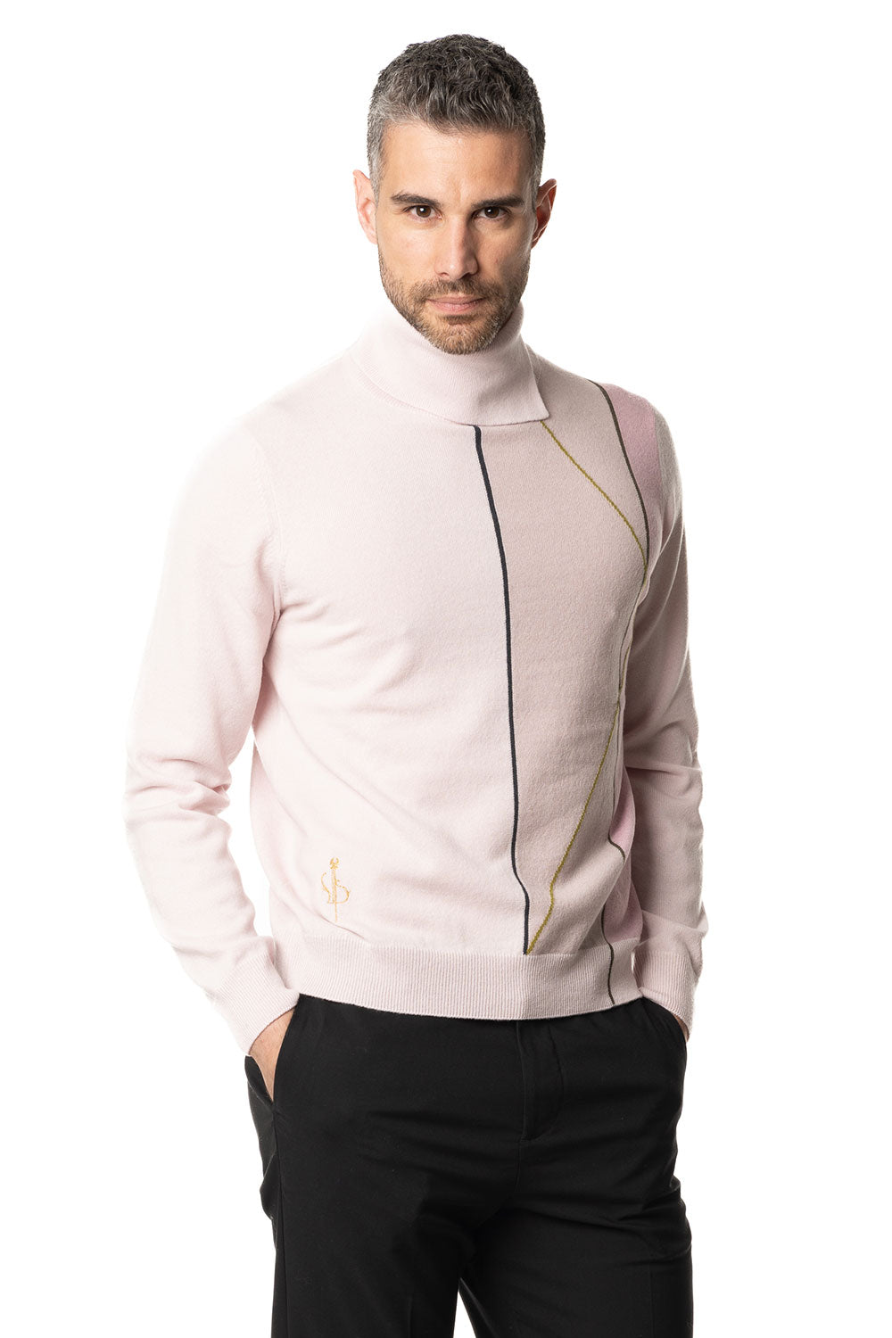 Vittoria Paci dolcevita cashmere uomo rosa cipria intarsio
