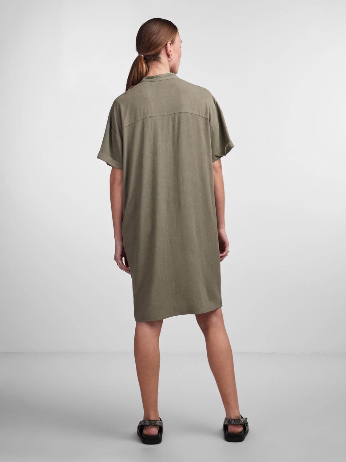 Pieces Pcvinsty SS Linen Shirt Dress vestito Deep Lichen Green