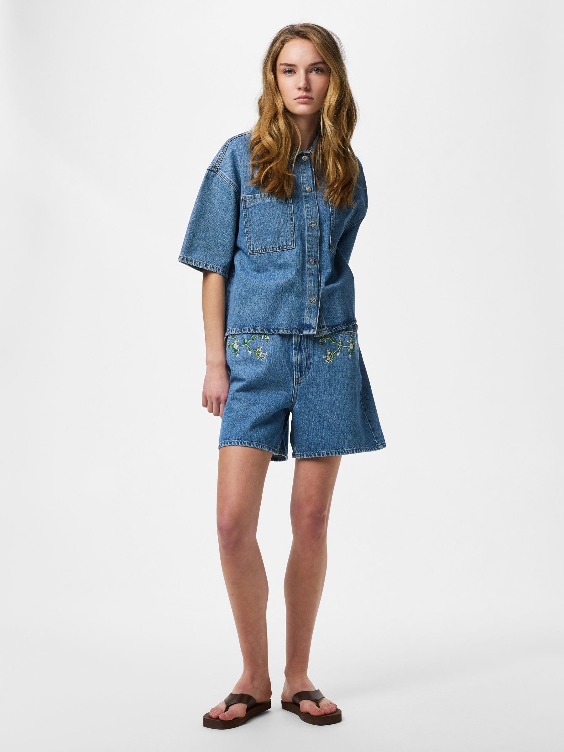 Pieces Pcsky HW Embroidery Denim Shorts shorts donna S ricamo