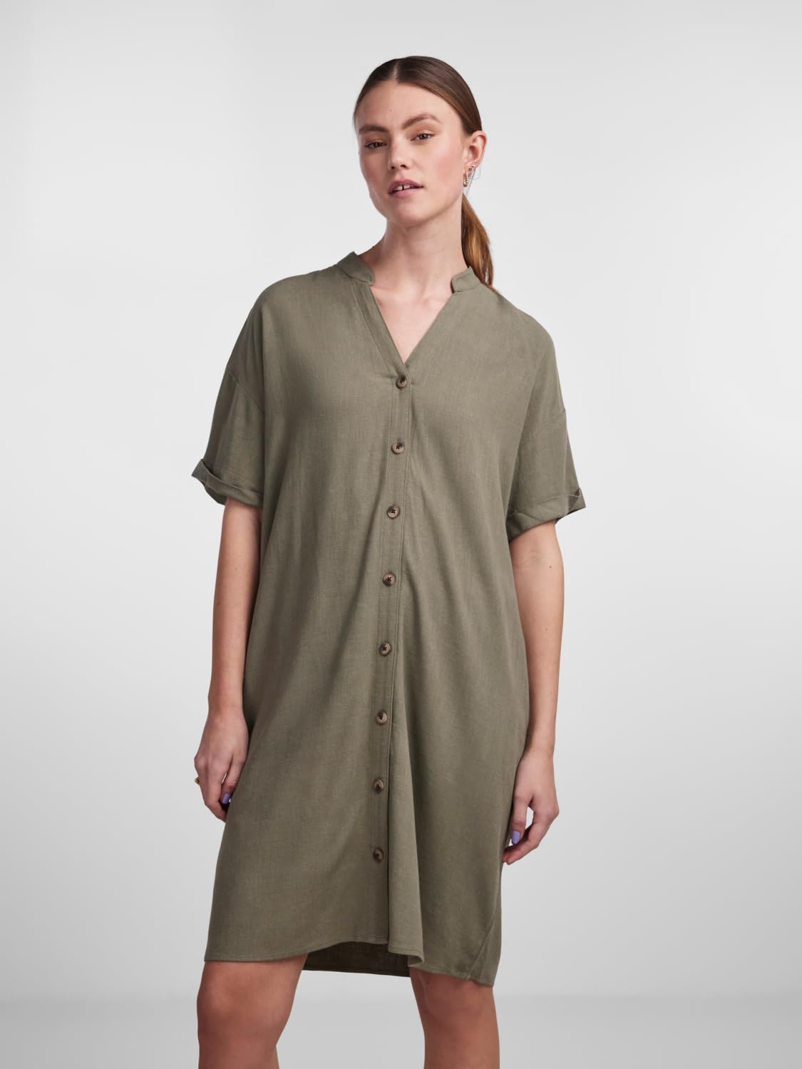 Pieces Pcvinsty SS Linen Shirt Dress vestito Deep Lichen Green
