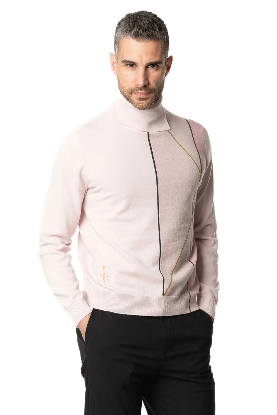 Vittoria Paci dolcevita cashmere uomo rosa cipria intarsio