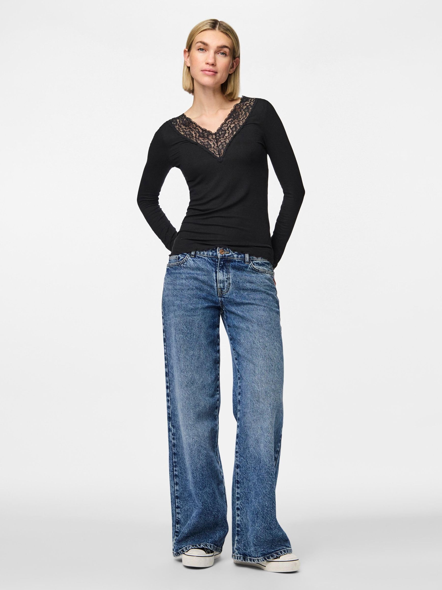 Pieces Lace Trim top scollo V pizzo maniche lunghe