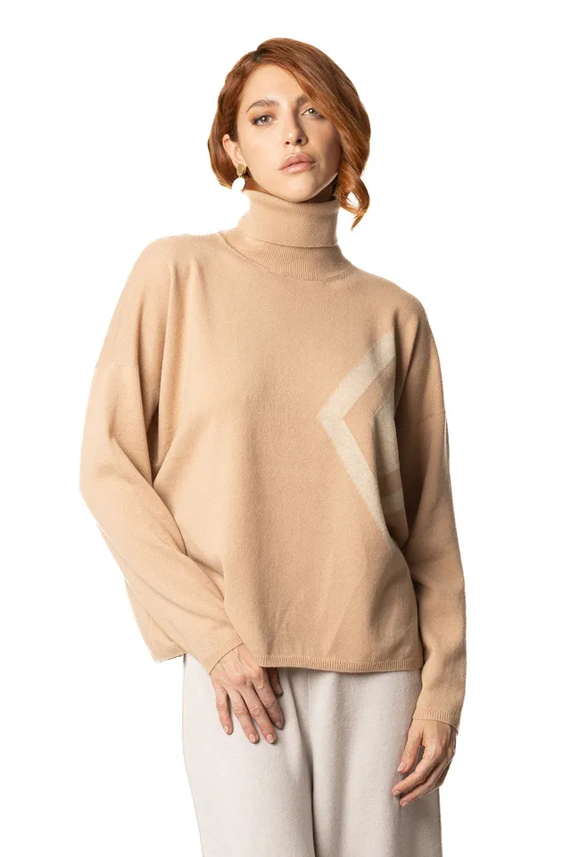 Vittoria Paci dolcevita beige donna in cashmere intarsio