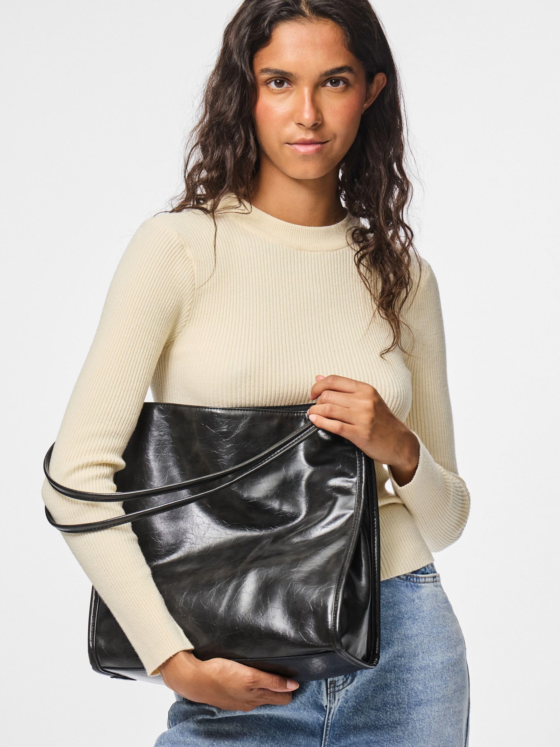 Pieces Pcmalou Patent Shopping Bag borsa spesa nero verniciata