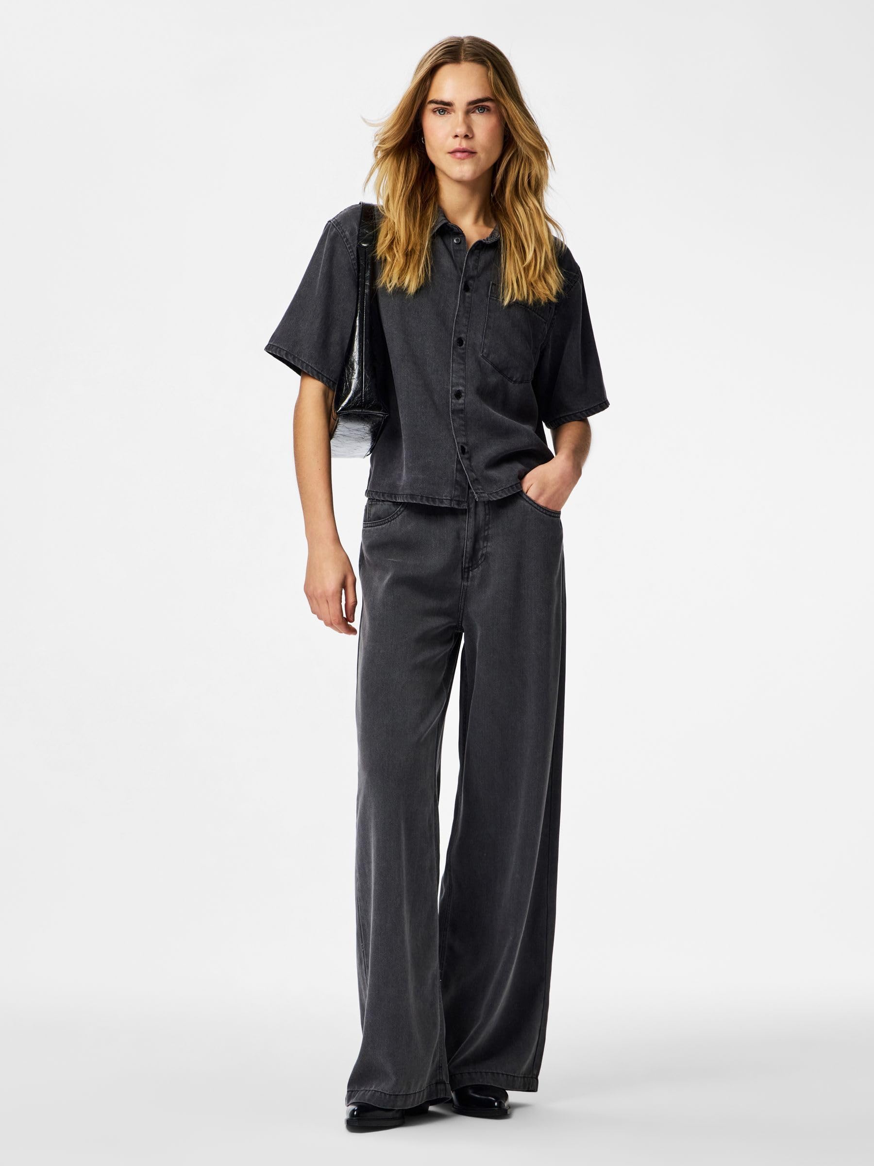Pieces Pcsmidi MW jeans larghi donna 30W 32L grigio uso quotidiano