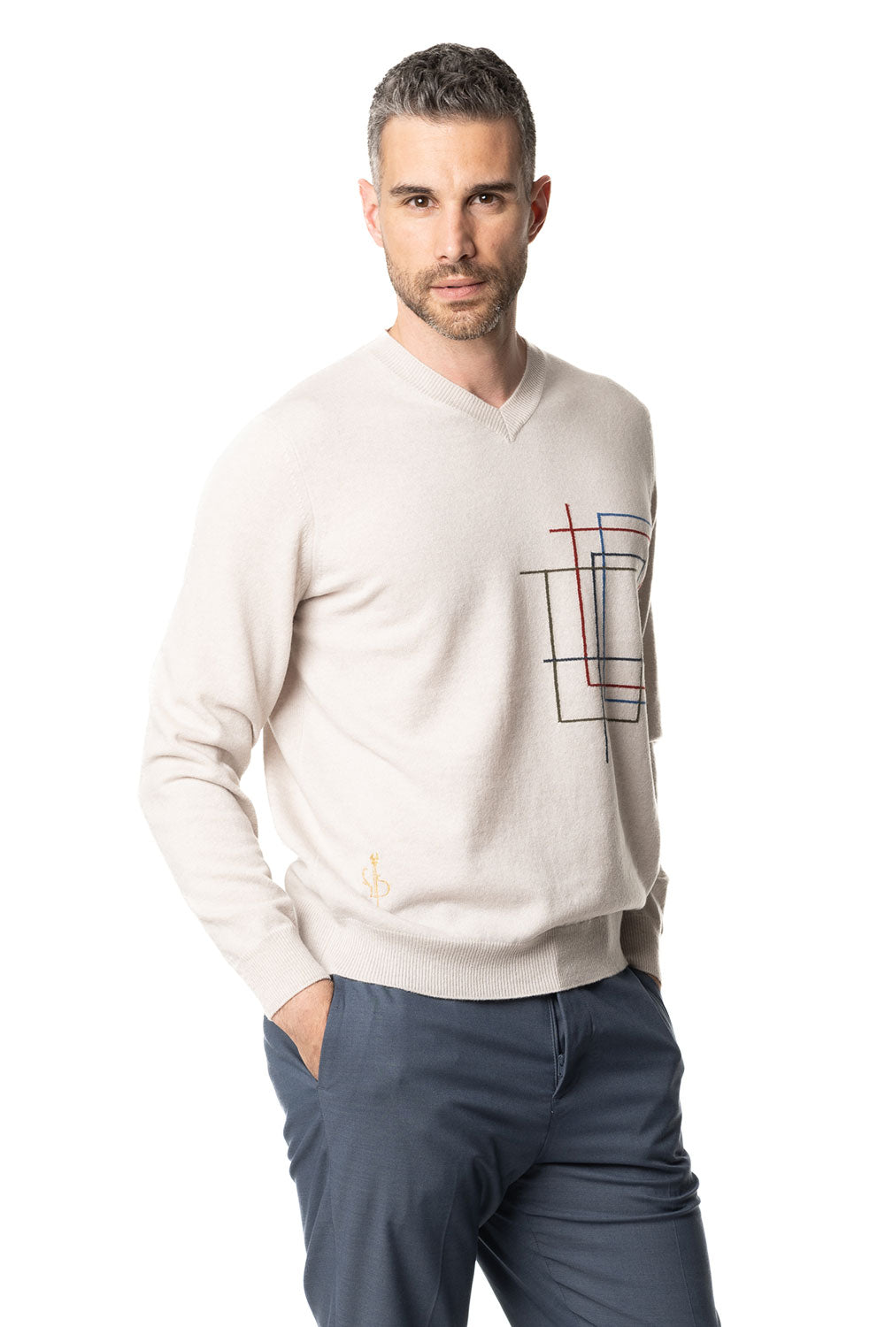 Vittoria Paci scollo a V cashmere uomo panna intarsio