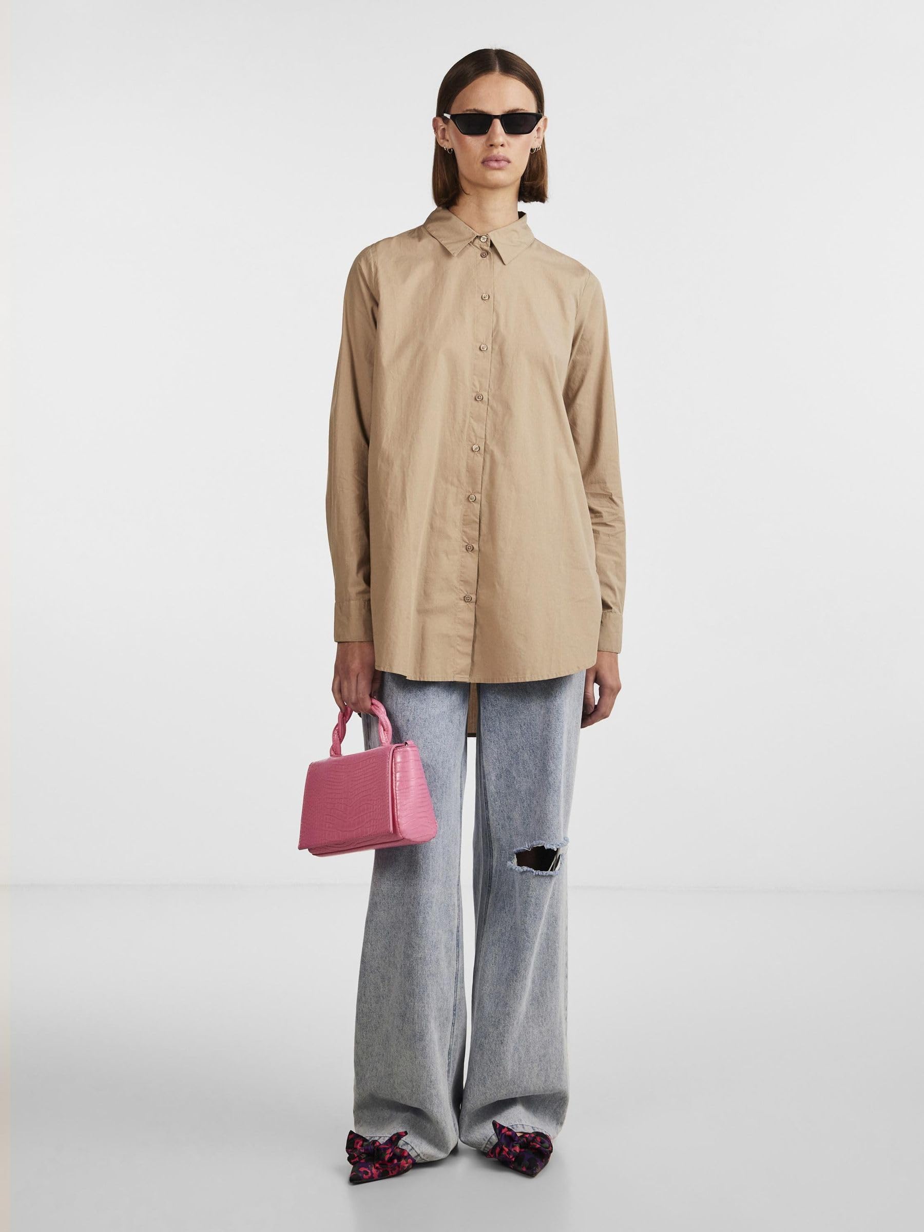 Pieces Pcjiva camicia donna popeline cotone maniche lunghe