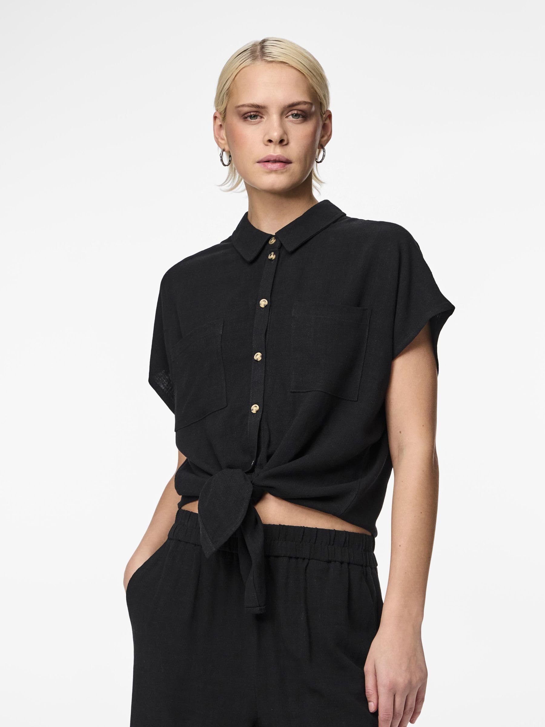 Pieces Pcvinsty Camicia Donna S Nera Misto Lino