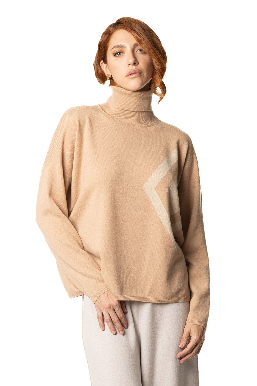 Vittoria Paci dolcevita beige donna in cashmere intarsio