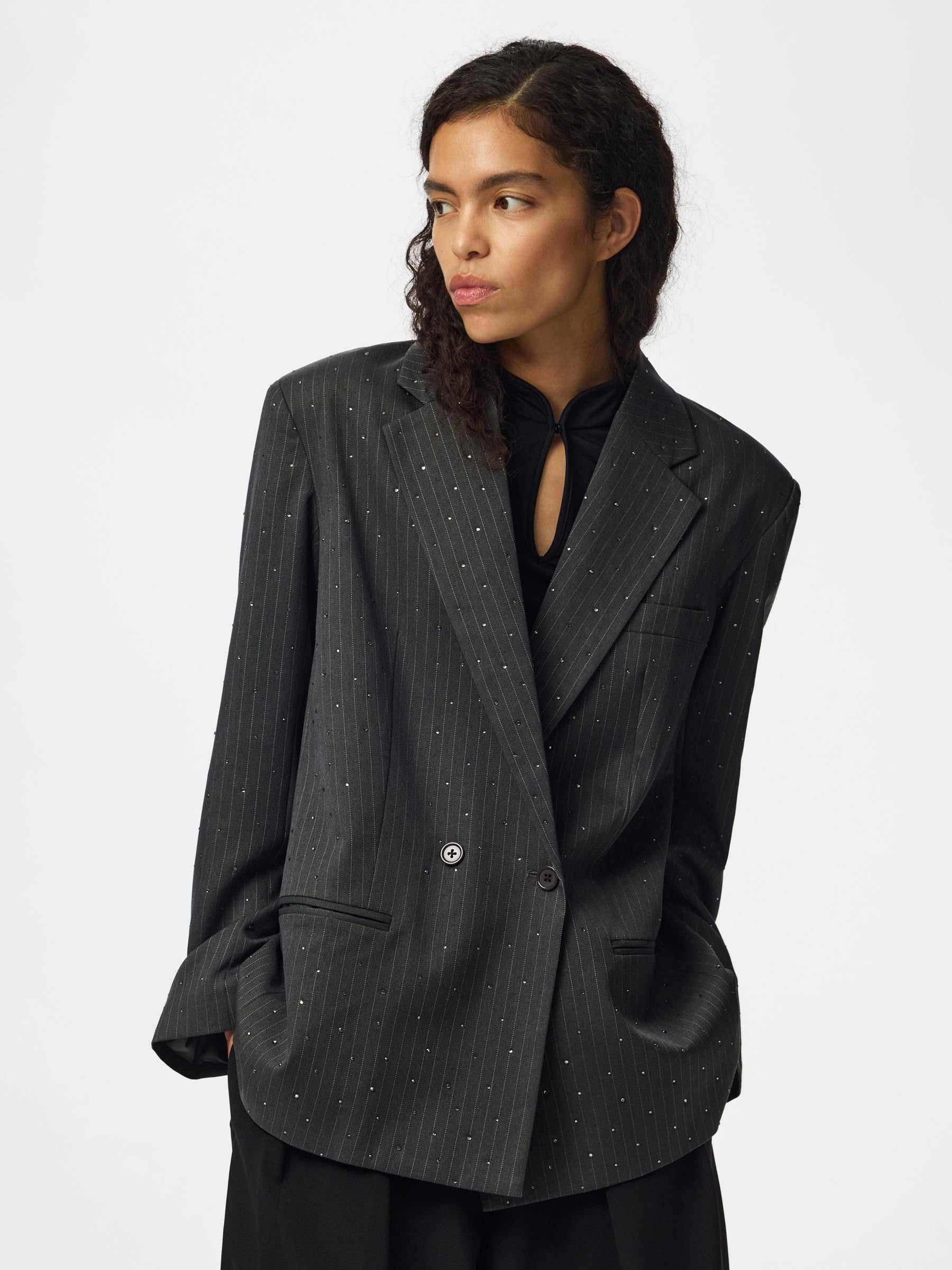 Pieces Pcfalka Pinstriped Blazer W. Rhinestones XS asfalto