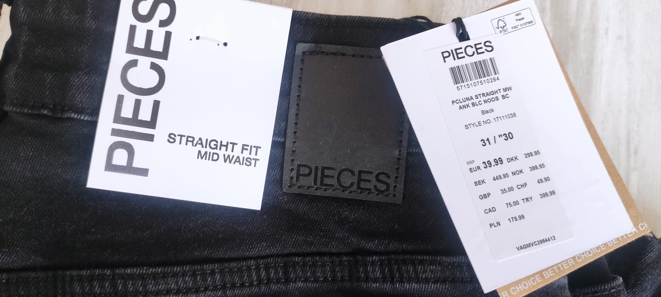 Pieces Pcluna Straight MW Ank BLC Noos jeans 26W/32L cotone