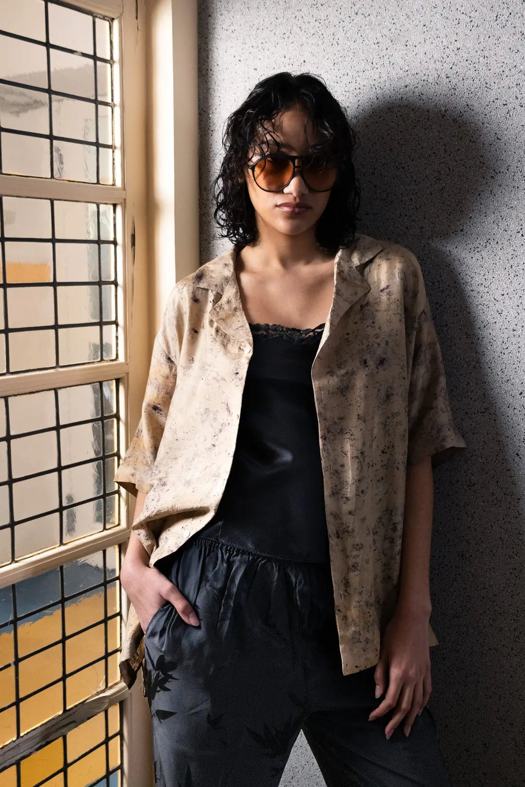 el.residu Risha Leaf pantaloni seta neri jacquard