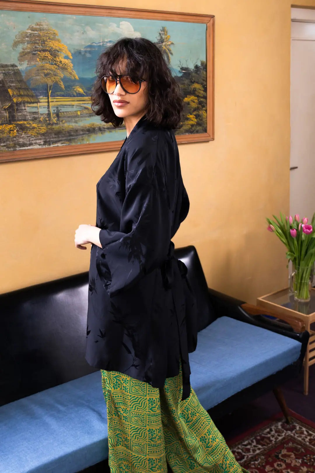 el.residu Asha Leaf kimono seta nero taglia unica