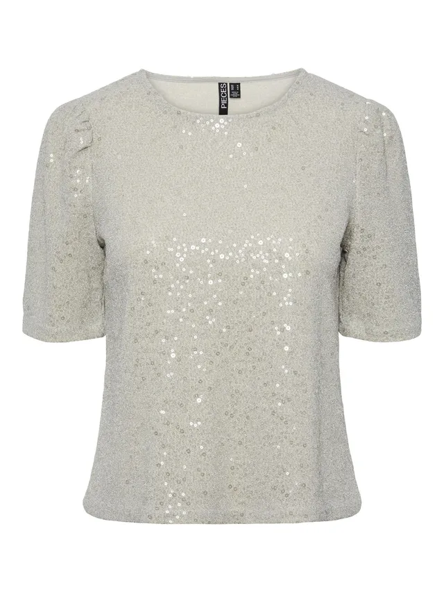 PIECES t-shirt donna argento taglia M girocollo