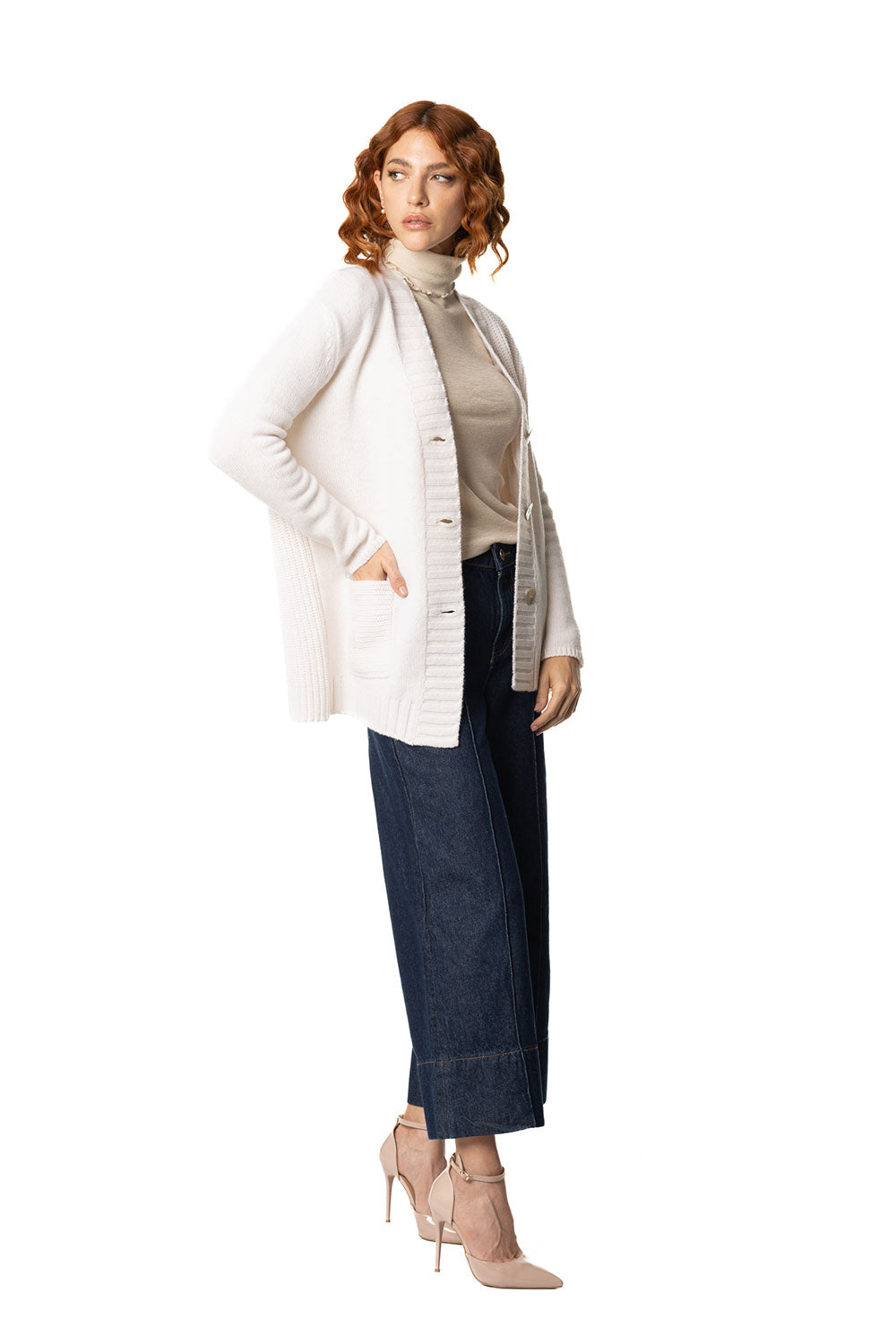 Vittoria Paci Cardigan Asimmetrico Bianco Cashmere Donna